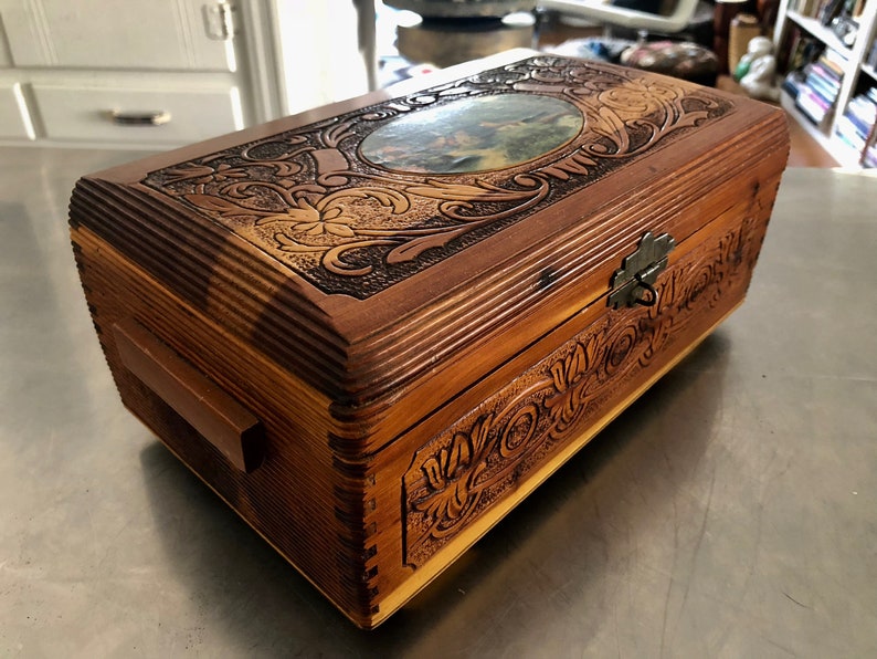 Hand-carved Wood Box Decoupage Cabin in Forest Scene Curio Box with Etched Floral Mirror with Fabric Lined Interior