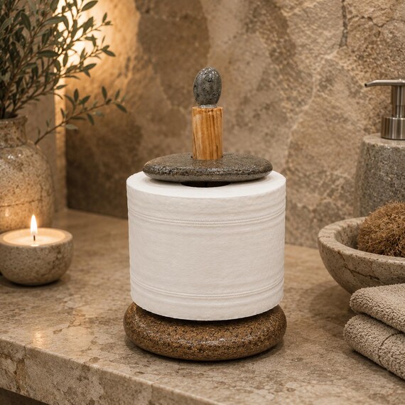 Natural Stone Toilet Paper Holder, Handmade River Stone Decor, Organic Modern Bathroom Accessory