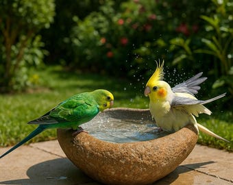Natural River Stone Parrot Bath Bowl – Handmade Bird Bath for Parrots, Cockatiels & Lovebirds | Stone Bird Bath for Garden | Cage Decor