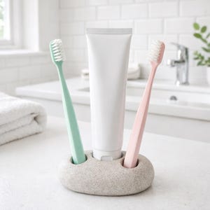 Può includere: Un portaspazzolino in pietra grigio chiaro con un tubetto di dentifricio, uno spazzolino verde menta e uno spazzolino rosa. Il supporto è su una superficie bianca in un ambiente bagno.