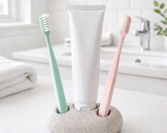 Soporte para cepillos de dientes y pasta de dientes de piedra de río para 2 cepillos / Organizador de baño de guijarros naturales / Decoración ecológica minimalista