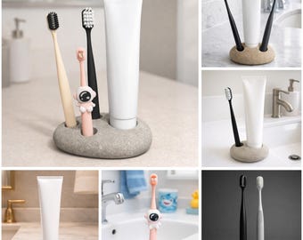 Portacepillos de dientes de piedra natural de río: soporte de guijarros hecho a mano para cepillos de dientes y pasta de dientes, organizador minimalista para baño.