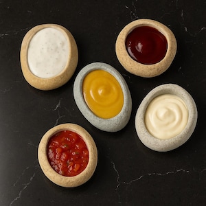 May include: Overhead view of five small bowls, each holding a different condiment. The bowls, resembling stone, contain ranch dressing, ketchup, mustard, mayonnaise, and salsa. They are arranged on a dark, textured surface.