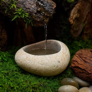 Pode incluir: Uma pequena tigela de pedra ovalada cheia de água, com um fino fio de água a fluir para ela. A tigela bege clara assenta sobre musgo verde, com um fundo de madeira escura e rochas, criando um ambiente natural.