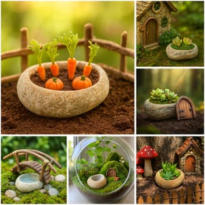 May include: A selection of miniature fairy garden accessories. Features a stone planter with carrots and pumpkins, a small wooden bridge, a terrarium with a miniature house, and other decorative items. The scene is set outdoors with natural light.