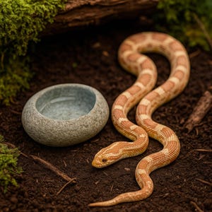 Peut inclure: Un serpent des blés avec des marques orange et crème repose sur un sol sombre. Un petit bol d'eau en pierre grise est à proximité. L'arrière-plan comprend de la mousse verte et un morceau de bois.