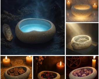 Heksenkom – Hekserijkom – Natural River Stone Moon-waterkom | Miniaanbiedingsschaal en kristallen houder voor Wicca-altaar, ritueel decor