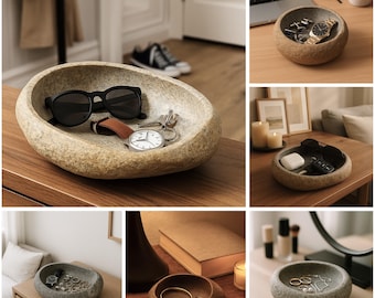 Natural Stone Jewelry Tray – Handmade Pebble Catchall Bowl for Rings, Watches, Keys & Wallet | Rustic Wabi Sabi Home Organizer