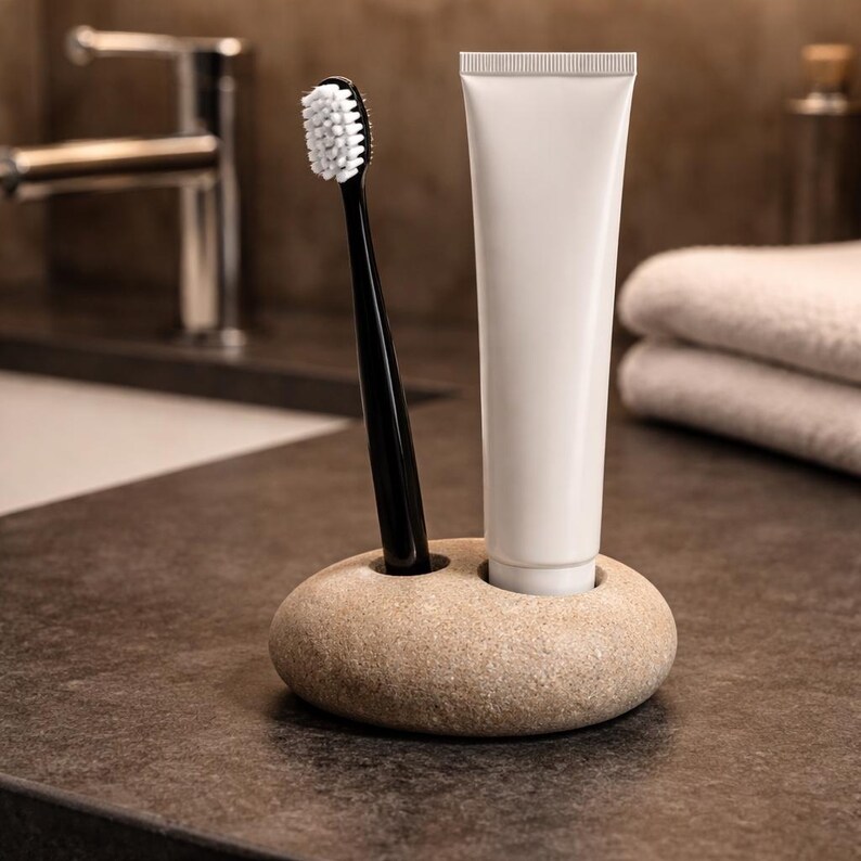 K&ouml;nnte beinhalten: Eine schwarze Zahnb&uuml;rste mit wei&szlig;en Borsten und eine wei&szlig;e Tube Zahnpasta befinden sich in einem beigefarbenen Steinhalter. Der Halter hat zwei kreisf&ouml;rmige &Ouml;ffnungen. Die Artikel stehen auf einer dunklen Arbeitsplatte, mit einem Wasserhahn und Handt&uuml;chern im Hintergrund.