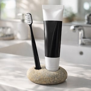 K&ouml;nnte beinhalten: Eine schwarze Zahnb&uuml;rste und eine Tube schwarz-wei&szlig;e Zahnpasta werden in einem Steinhalter pr&auml;sentiert. Die Zahnb&uuml;rste hat wei&szlig;e Borsten. Die Zahnpastatube steht aufrecht. Der Halter steht auf einer wei&szlig;en Oberfl&auml;che.