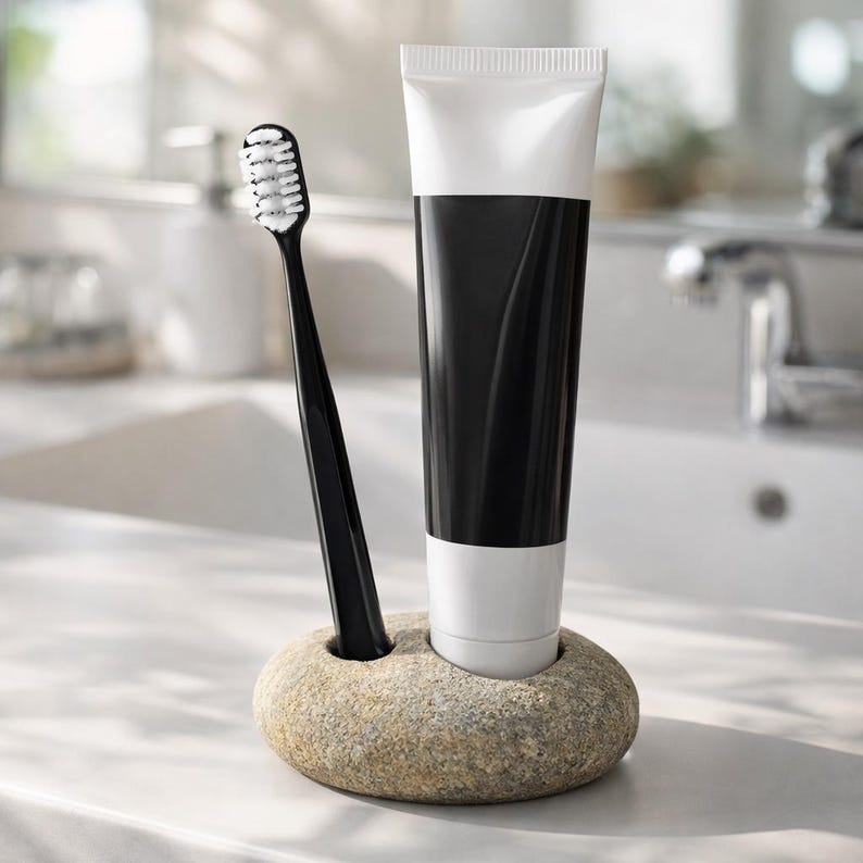 K&ouml;nnte beinhalten: Eine schwarze Zahnb&uuml;rste und eine Tube schwarz-wei&szlig;e Zahnpasta werden in einem Steinhalter pr&auml;sentiert. Die Zahnb&uuml;rste hat wei&szlig;e Borsten. Die Zahnpastatube steht aufrecht. Der Halter steht auf einer wei&szlig;en Oberfl&auml;che.
