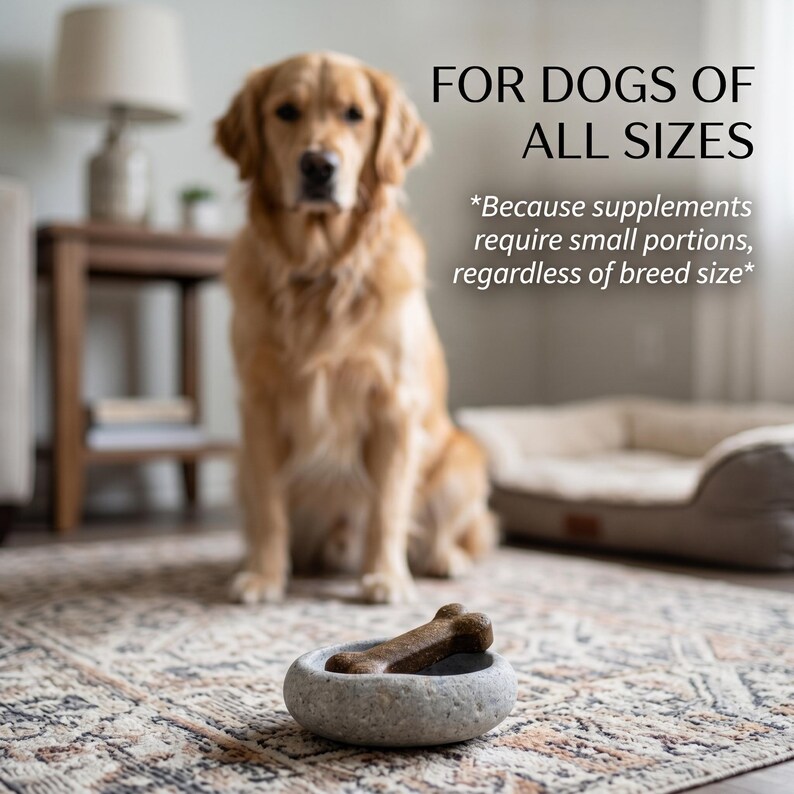 Puede incluir: Un golden retriever est&aacute; sentado cerca de un cuenco de piedra que contiene un premio para perros con forma de hueso. El texto dice "FOR DOGS OF ALL SIZES" y "Because supplements require small portions, regardless of breed size."