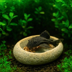May include: A dark-colored fish rests in a light-colored, stone-like bowl filled with small, round food pellets. The fish has a distinctive fin and is surrounded by green aquatic plants, creating an underwater scene.