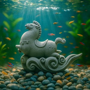 May include: A gray stone horse sculpture with a saddle and flowing mane, resting on a cloud-shaped base. The sculpture is submerged in water with small colorful fish and pebbles in the foreground. The scene is lit by sunlight.