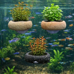 May include: Three floating aquarium planters with live plants. The planters are made of stone and have a natural, textured appearance. The plants have green and orange foliage. The planters are suspended in an aquarium with colorful fish.