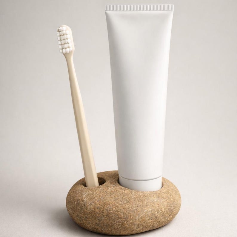 K&ouml;nnte beinhalten: Ein beiger Zahnb&uuml;rste und eine wei&szlig;e Zahnpasta-Tube in einem Natursteinhalter. Der Halter hat zwei runde &Ouml;ffnungen, eine f&uuml;r die Zahnb&uuml;rste und eine f&uuml;r die Zahnpasta. Die Gegenst&auml;nde stehen vor einem neutralen Hintergrund.