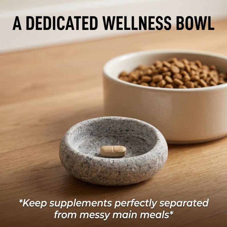 Puede incluir: La imagen muestra un "Dedicated Wellness Bowl". Un peque&ntilde;o cuenco de piedra moteada contiene un solo suplemento, junto a un cuenco blanco m&aacute;s grande lleno de croquetas marrones. El texto dice: "Mantenga los suplementos perfectamente separados de las comidas principales desordenadas".