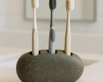 Portacepillos de dientes de piedra de río natural / Soporte minimalista de piedra para baño / Organizador de cepillos de dientes de guijarros con 3 ranuras