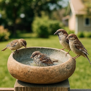 May include: Four brown sparrows near a stone bird bath filled with water. One sparrow is bathing, while the others perch on the edge. The bird bath is on a wooden post, with a green lawn and house in the background.