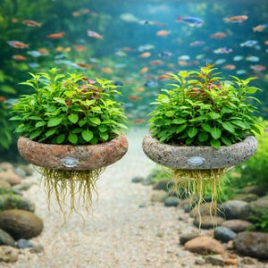 May include: Two small, round, stone planters with green plants and red accents, suspended in water. The planters have long, thin roots. The background shows a blurred underwater scene with colourful fish.