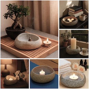 Pode incluir: Uma coleção de castiçais de pedra em várias formas e tamanhos. Os castiçais redondos e texturizados são mostrados com velas acesas, criando um ambiente acolhedor. As imagens sugerem um tema de relaxamento e decoração de casa, com foco em materiais naturais.