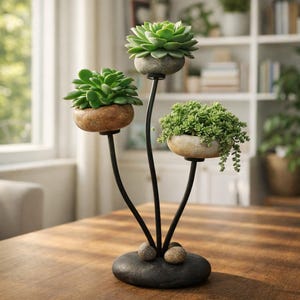 Sappige plantenbakstandaard, stenen plantenbakset, mini-kiezelpotten, verstelbare draadplanthouder, bureaudecor, cadeau voor plantenliefhebbers