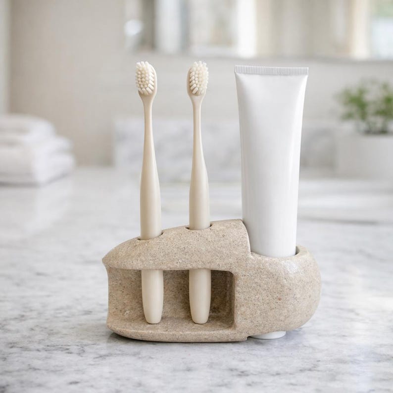 Toothpaste Stone Toothbrush & Toothpaste Stand, River Stone Bathroom Organizer, Natural ...