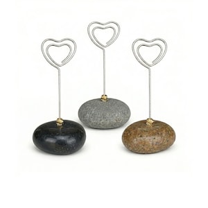 Stone Table Number Holder, Minimalist Heart Wire Stand, Organic Pebble Place Card Clip, Serene Wedding Decor