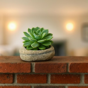 May include: A green succulent plant in a small, round, stone-coloured pot. The plant sits on a red brick surface, with a blurred background featuring warm, soft lighting. The succulent has multiple green leaves.
