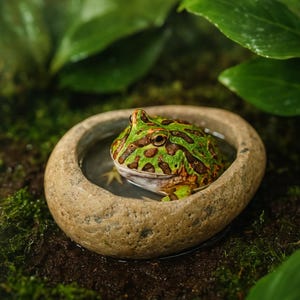 May include: A green and brown patterned frog sits in a stone bowl filled with water. The bowl is oval-shaped and has a light brown color. The background features green leaves and moss.