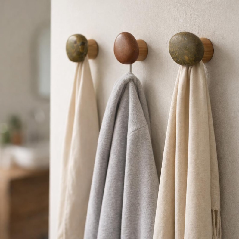 Bathroom Stone Wall Hook – Natural Pebble Towel Hook – Handmade Stone ...