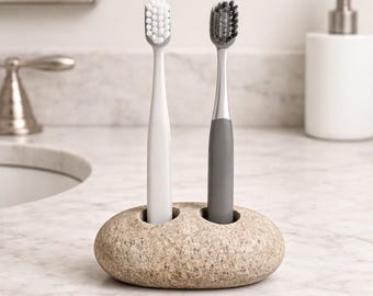 Portacepillos doble de piedra de río / Organizador de baño de guijarros naturales / Decoración minimalista para baño ecológico