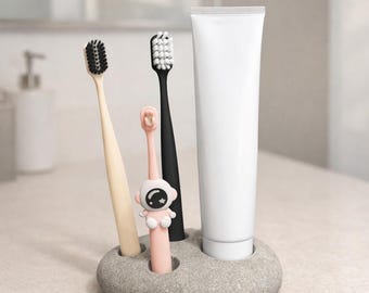 Portacepillos de dientes de piedra de río para 3 cepillos y pasta de dientes / Organizador de baño de guijarros hecho a mano / Decoración de baño ecológica y natural