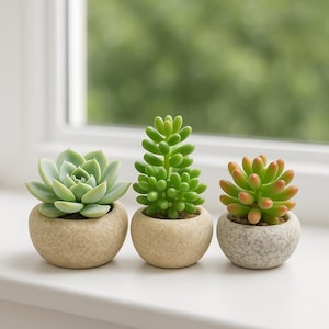 Op de afbeelding: Drie kleine vetplanten in ronde, getextureerde potten. De vetplanten zijn in verschillende tinten groen en rood-oranje. De potten zijn beige en grijs en staan op een witte vensterbank. De achtergrond is vaag groen.