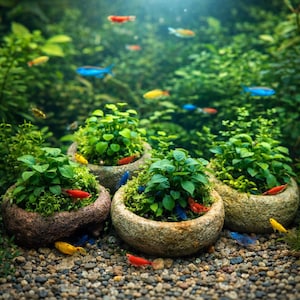 May include: An aquarium scene featuring colorful fish swimming among lush green plants and stone planters. The fish are various colors, including red, blue, and yellow. The plants are vibrant and healthy, creating a natural underwater environment.