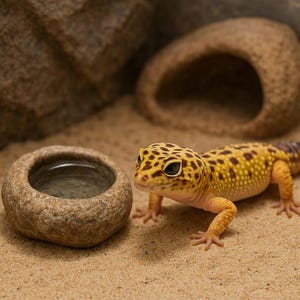 Leopardgecko Stein Futternapf - Natürliche Kieselstein Schale für Würmer, Kalzium & Wasser | Handgemachte Reptil Futter Tasse für Terrarium Decor