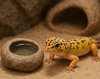 Ciotola per l'alimentazione in pietra per gechi leopardo - Ciotola in ciottoli naturali per vermi, calcio e acqua / Ciotola per il cibo dei rettili fatta a mano per la decorazione del terrario