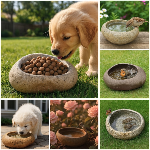 Baño para pájaros de piedra de río natural: cuenco de guijarros hecho a mano para colibríes y decoración de jardín.
