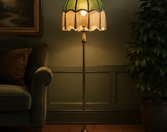 Green Velvet Floor Lamp with Gold Accent | Vintage Umbrella Shade Standing Lamp | Mid Century Modern Lighting | Living Room Decor