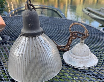 Antique Brass Hanging Pendant Ceiling Fixture Light w/ Holophane Glass Shade