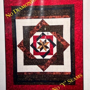 May include: A quilt pattern titled "Labyrinth" with a geometric design in red, brown, black, white, and gold. The pattern features a central starburst design and the text "No Diamonds" and "No 'Y' Seams".