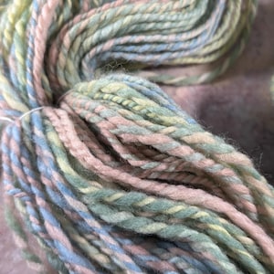 May include: Close-up of a skein of pastel-colored yarn. The yarn is a blend of light blue, pink, green, and yellow, twisted together to create a soft, textured appearance. Ideal for knitting and crochet projects.