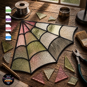 May include: A stained glass spider web panel featuring textured glass segments in shades of pink, green, and amber, outlined in black metal solder. The panel is surrounded by loose triangular glass shards, a spool of wire, pliers, and a brush.
