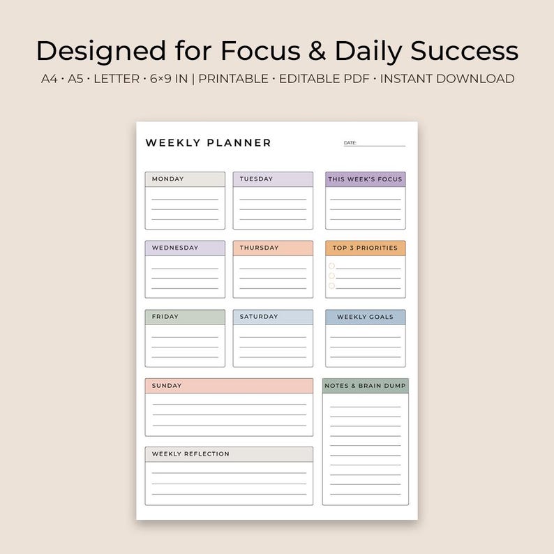 Minimal Weekly Planner Printable | A4 A5 US Letter, 6x9 (digital ...