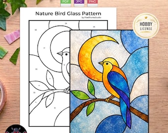 Patrón de vidriera de pájaros en PDF, plantilla de atrapasoles de naturaleza, arte en vidrio imprimible, adorno para ventana, archivos JPG y PNG, manualidades DIY, licencia para pasatiempos