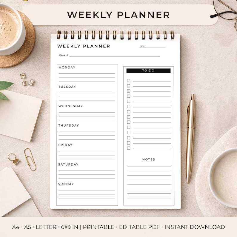 Minimal Weekly Planner Printable | A4 A5 US Letter, 6x9 (digital ...