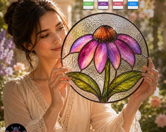 Coneflower Stained Glass Pattern PDF SVG | Purple Flower Suncatcher Template | Garden Decor, Cricut Glowforge Digital Download