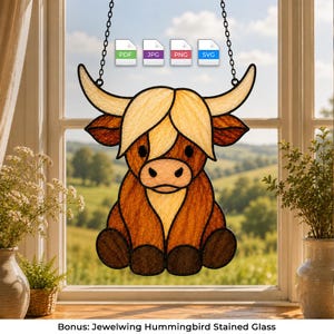 May include: A stained glass suncatcher shaped like a Highland cow with cream and brown textured glass panels, black outlines, and two metal chains for hanging. Above the cow are four small icons labeled PDF, JPG, PNG, and SVG.