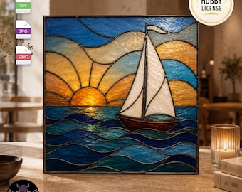 Patrón de vidriera de velero PNG JPG PDF / Plantilla de atrapasoles de puesta de sol en el océano DIY Arte náutico en vidrio Licencia para pasatiempos