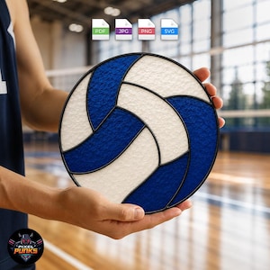 May include: A circular stained glass volleyball featuring alternating textured white and deep blue panels separated by black lead lines. The design mimics the classic panel layout of a volleyball, showcasing a translucent, reflective surface.